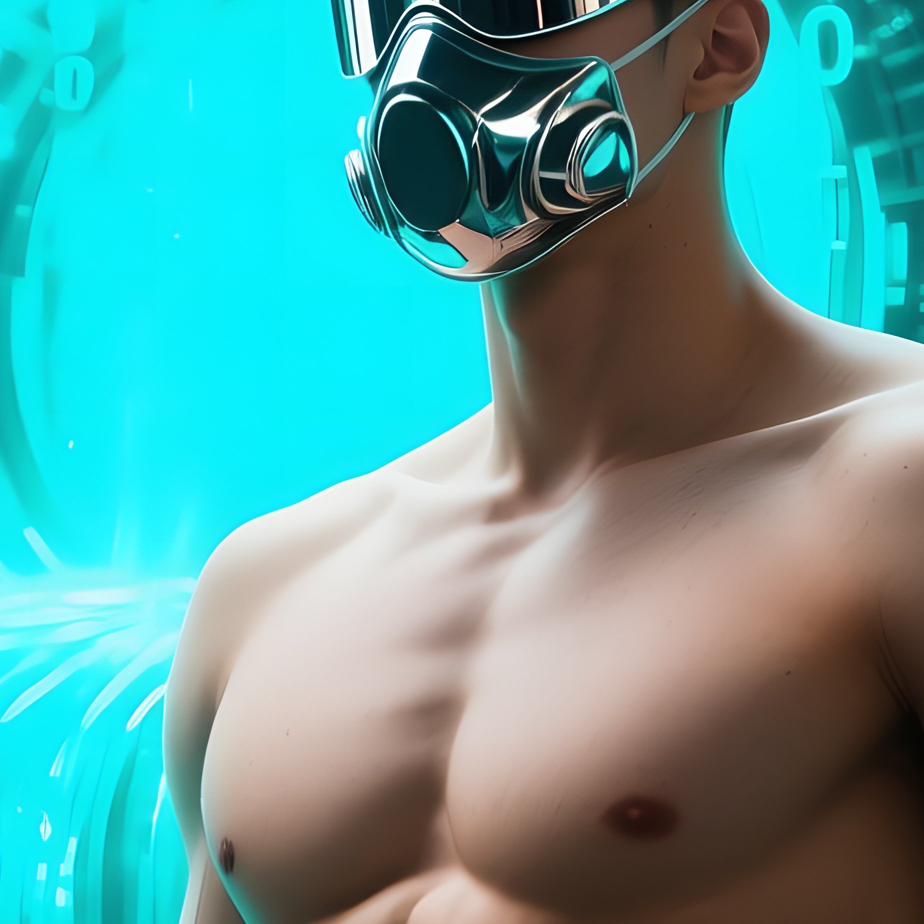 A Six‑Pack Male Model In A Reflective Visor Mask Leaning Against A Massive Data Core Shaped Like An - Full Resolution Quality Preview