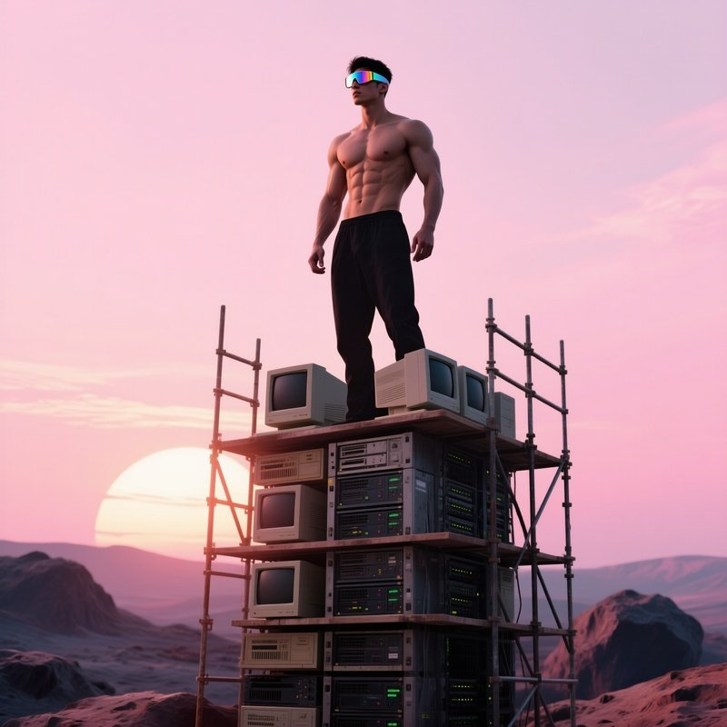 A Six‑Pack Male Model Wearing Reflective Visor Glasses Stands Atop A Towering Stack Of Old Computer