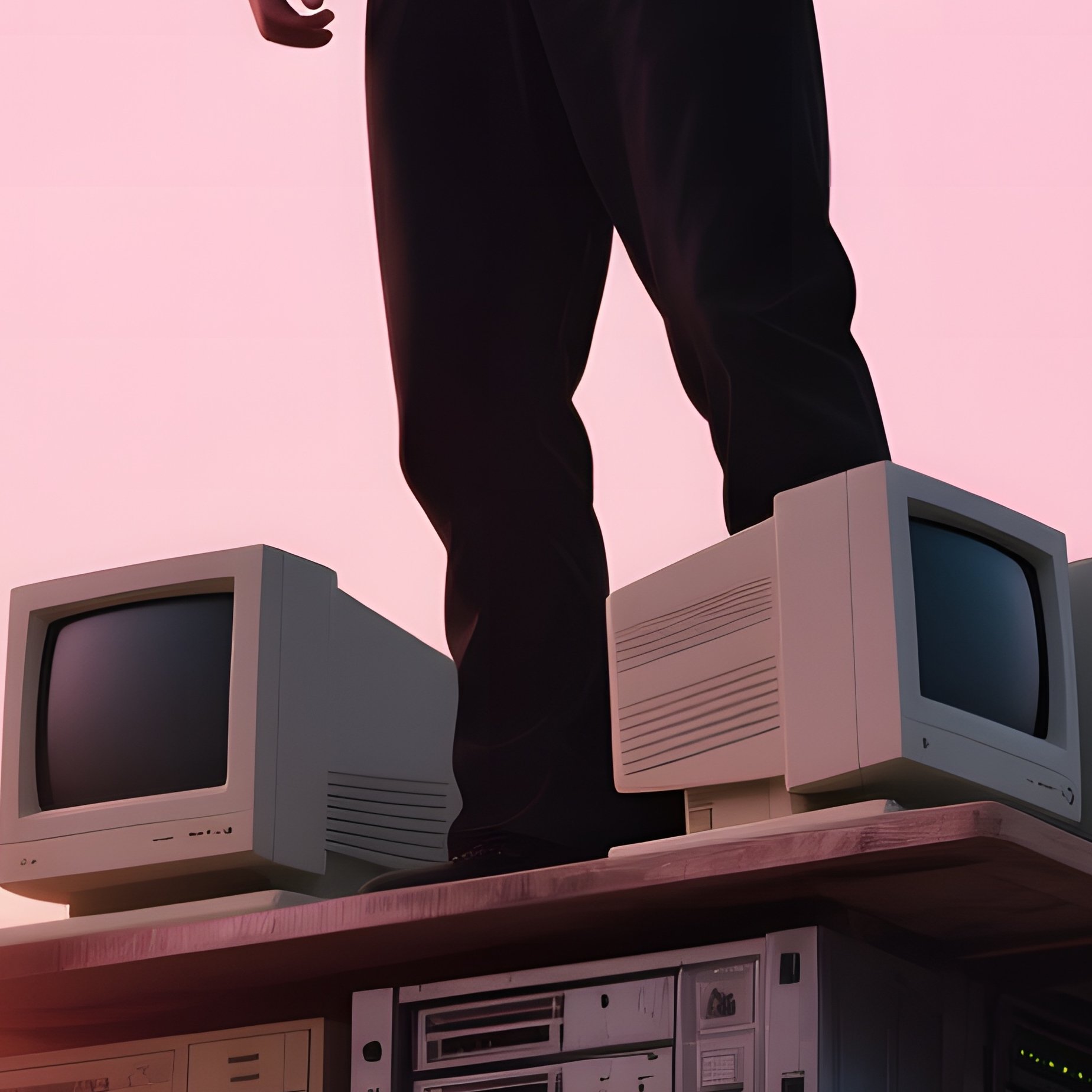 A Six‑Pack Male Model Wearing Reflective Visor Glasses Stands Atop A Towering Stack Of Old Computer - Full Resolution Quality Preview