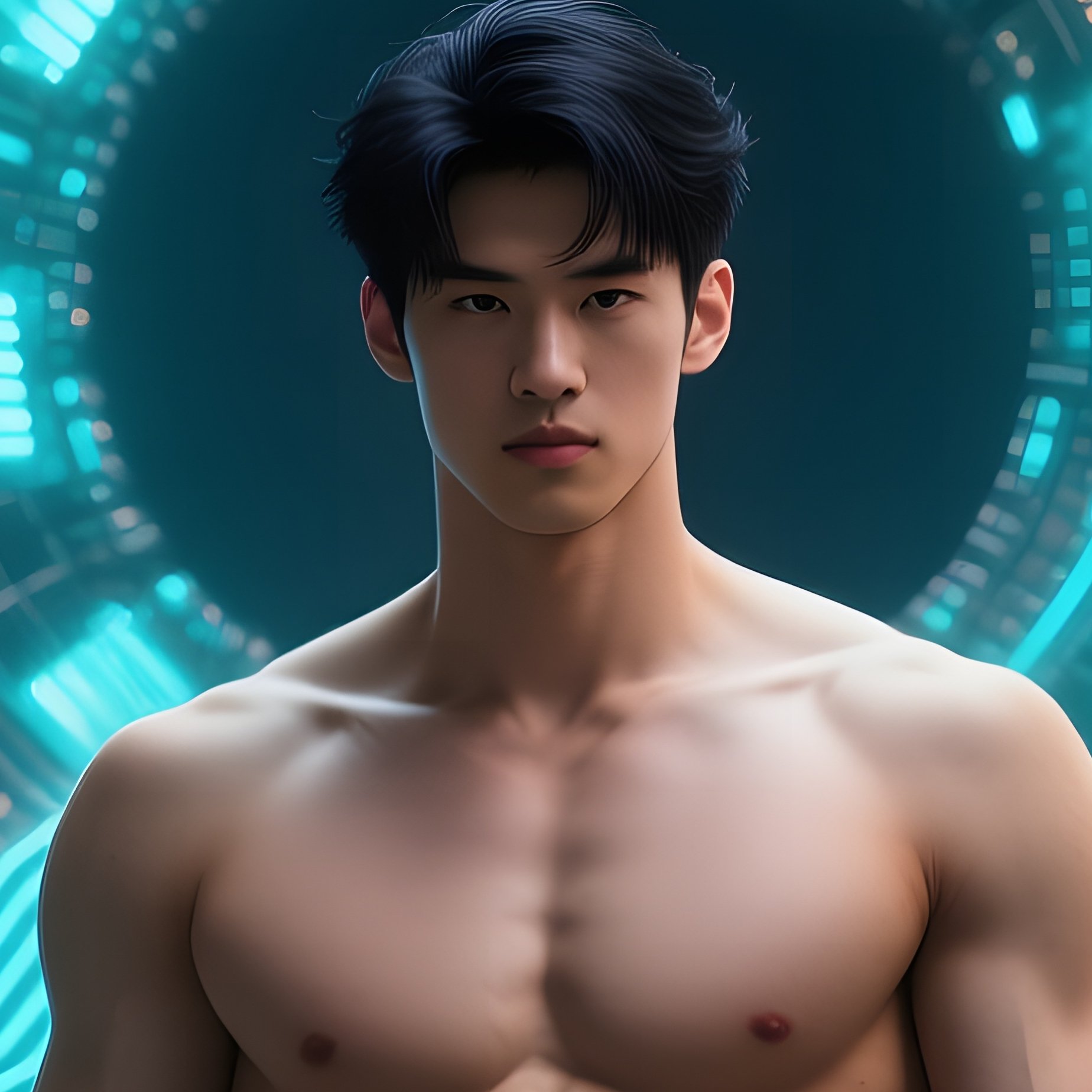 A Six‑Pack Male Model With Dark Hair Stands Confidently At The Center Of A Colossal Data Core - Full Resolution Quality Preview