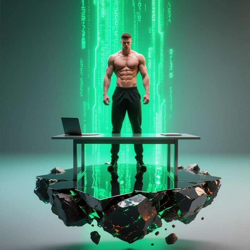 A Six‑Pack Man Standing On A Floating Desk Made Of Fused Asteroid Fragments, His Reflection