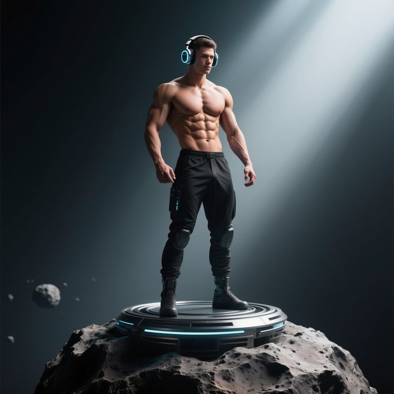 A Six‑Pack Man With A Futuristic Headset Poses Confidently Atop A Rotating Asteroid Platform, His