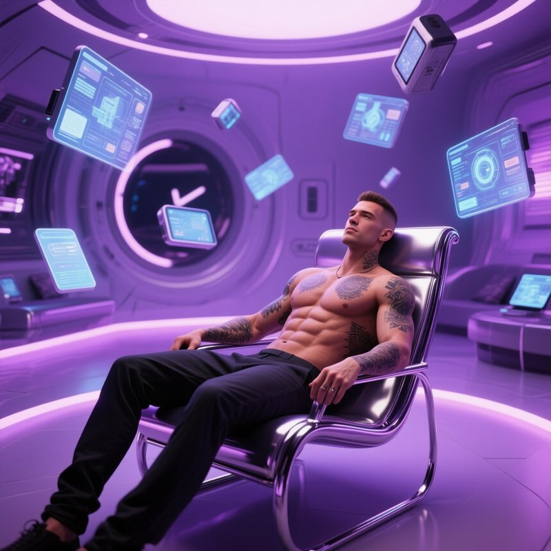 A Six‑Pack Man With Tattoos Lounging On A Sleek Chrome Chair Inside A Zero‑Gravity Lounge,