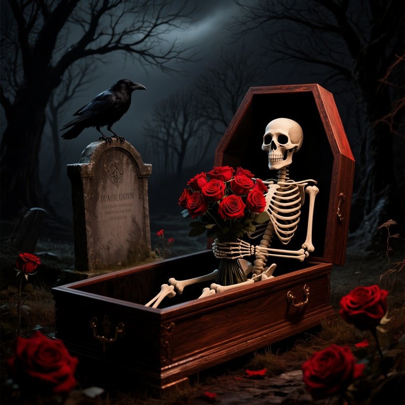A Skeleton Holding A Bouquet Of Red Roses Inside An Open Coffin