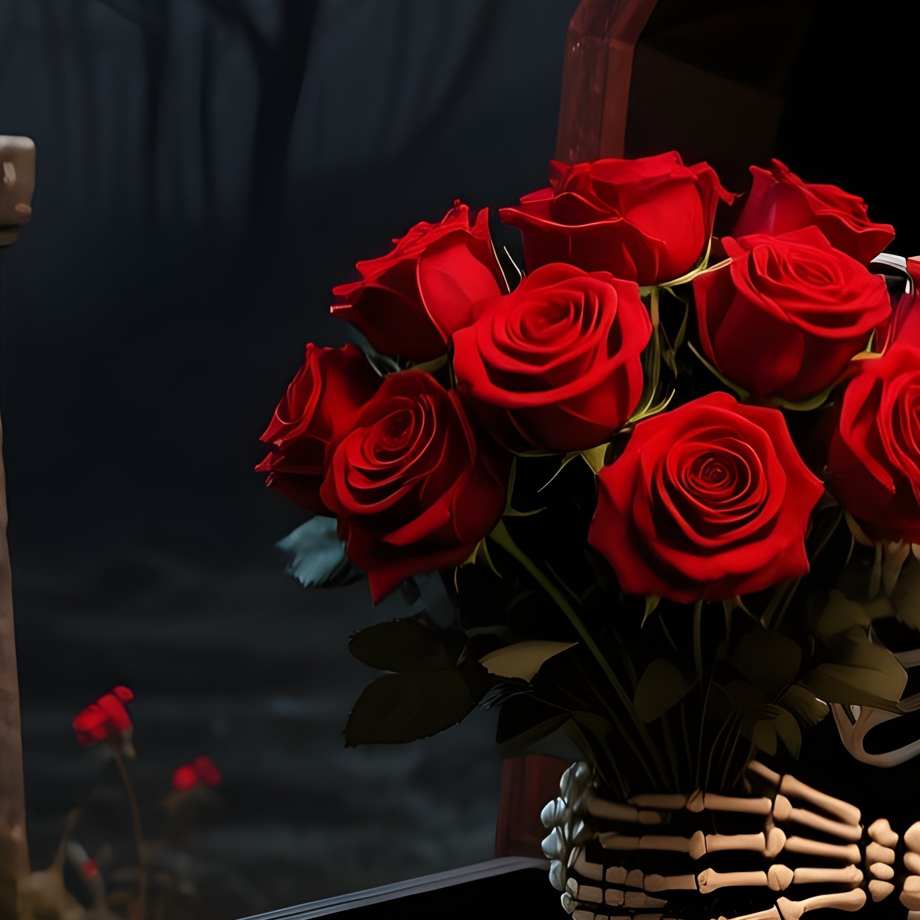 A Skeleton Holding A Bouquet Of Red Roses Inside An Open Coffin - Full Resolution Quality Preview