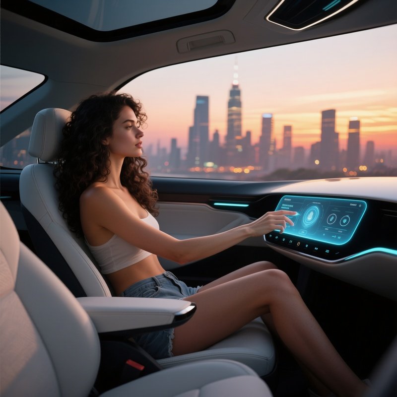 A Sleek Autonomous Car Interior At Sunset, A Driverless Enthusiast With Long Dark Curls Relaxes In