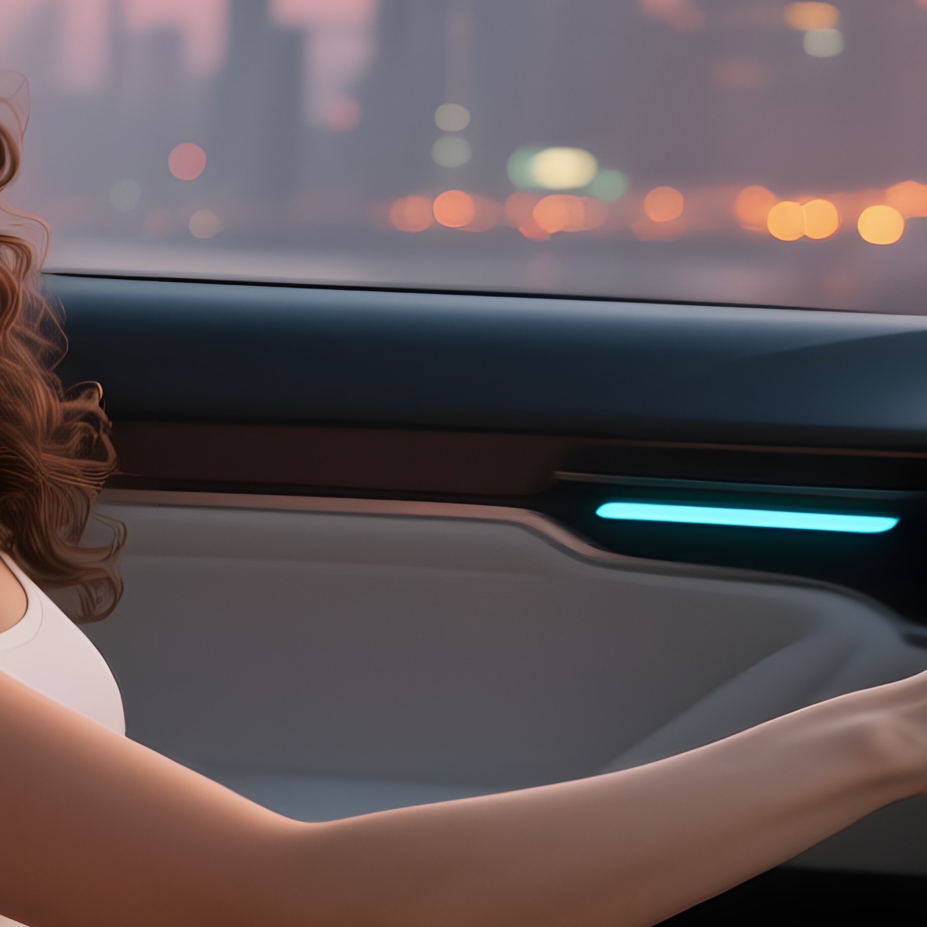 A Sleek Autonomous Car Interior At Sunset, A Driverless Enthusiast With Long Dark Curls Relaxes In - Full Resolution Quality Preview