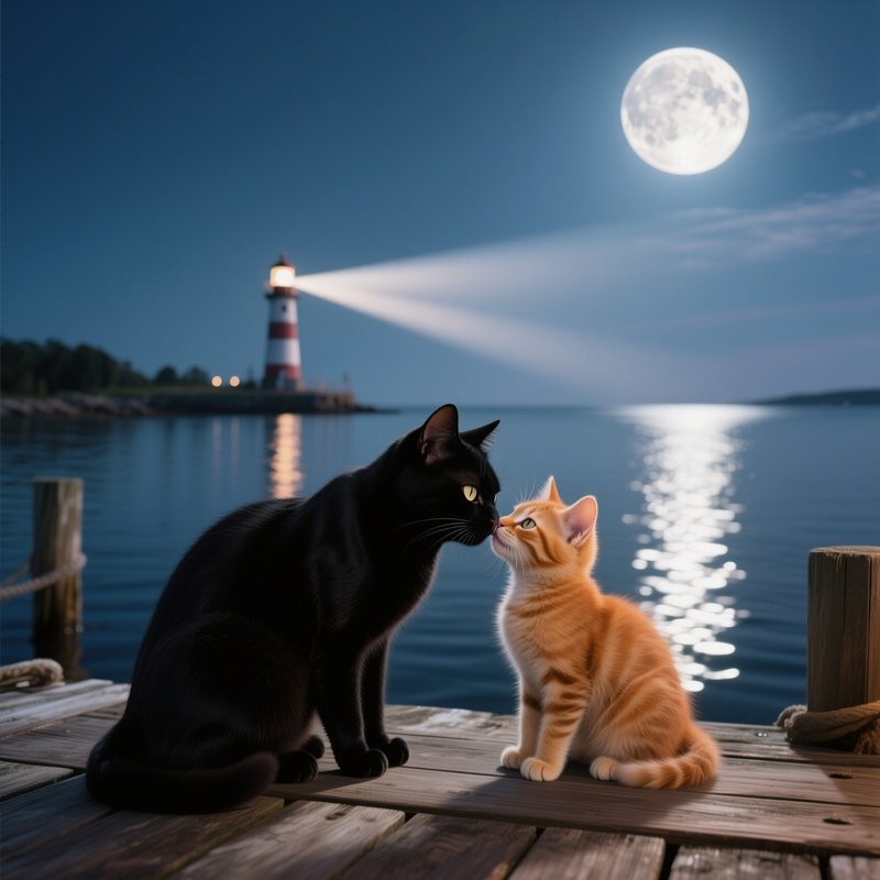 A Sleek Black Cat Leans Into A Ginger Kitten For A Kiss On A Wooden Dock Under A Full Moon, Calm