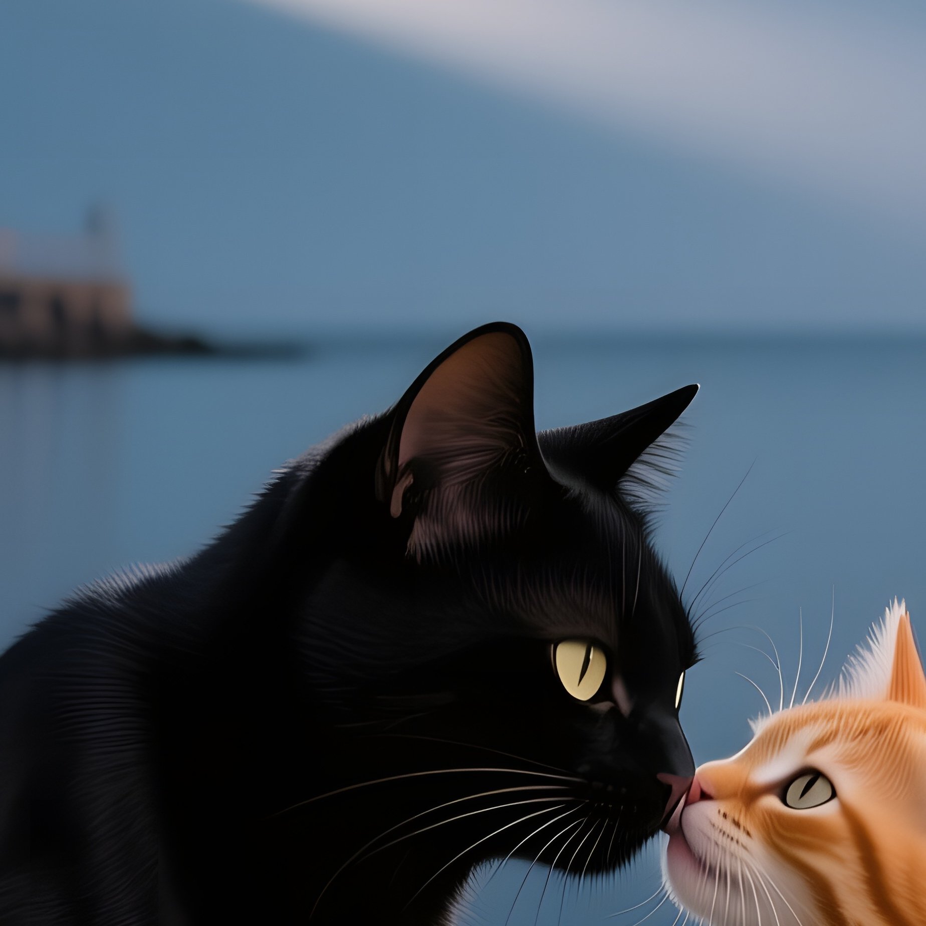 A Sleek Black Cat Leans Into A Ginger Kitten For A Kiss On A Wooden Dock Under A Full Moon, Calm - Full Resolution Quality Preview