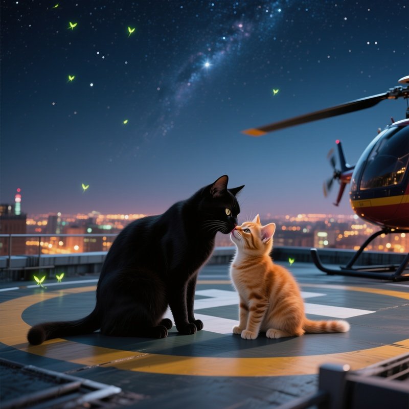 A Sleek Black Cat Leans Into A Ginger Kitten For A Kiss On A Rooftop Helipad Under A Starry Sky,