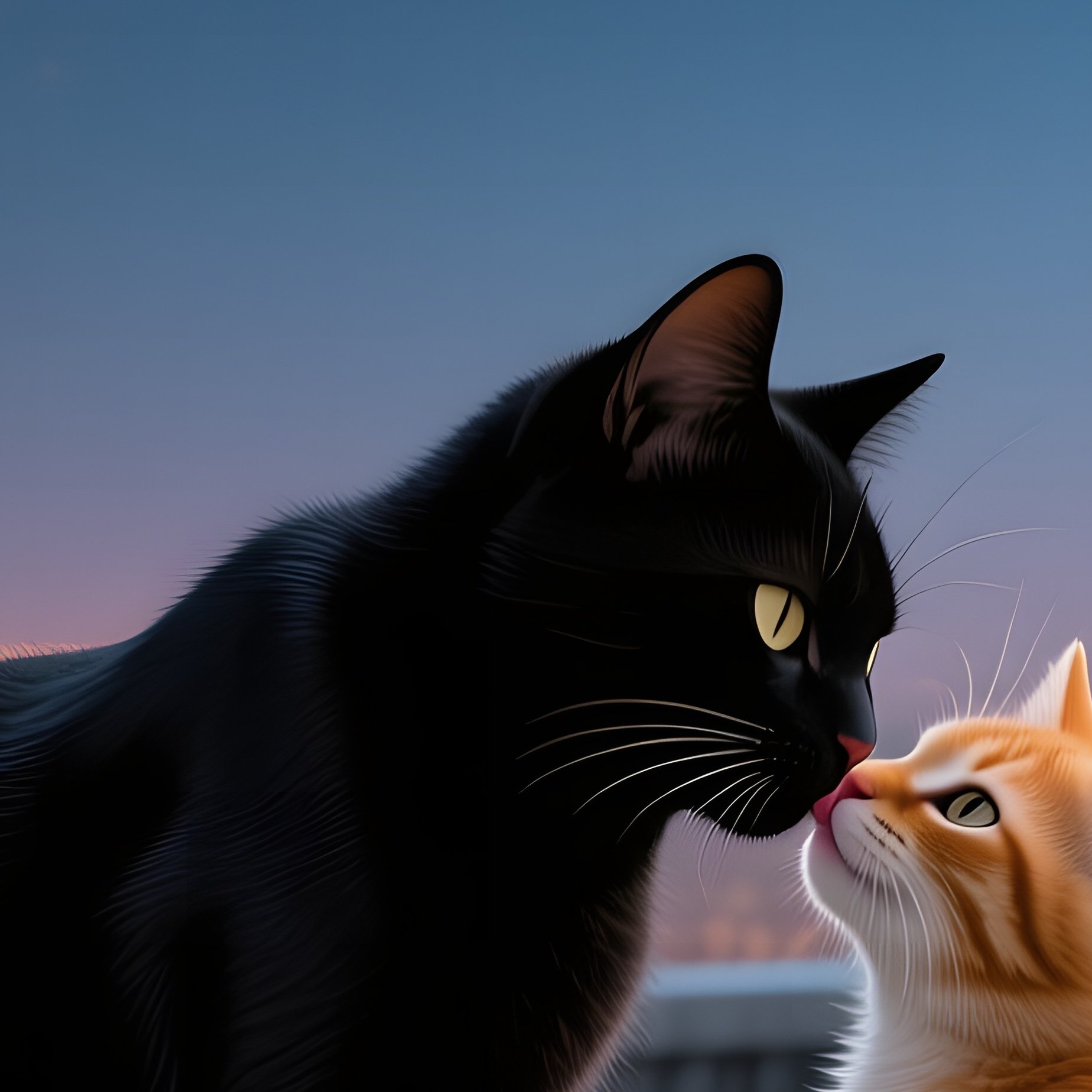 A Sleek Black Cat Leans Into A Ginger Kitten For A Kiss On A Rooftop Helipad Under A Starry Sky, - Full Resolution Quality Preview