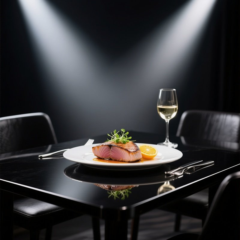 A Sleek Black Dining Table Under Dramatic Spotlights, Featuring A Plated Seared Tuna Steak With