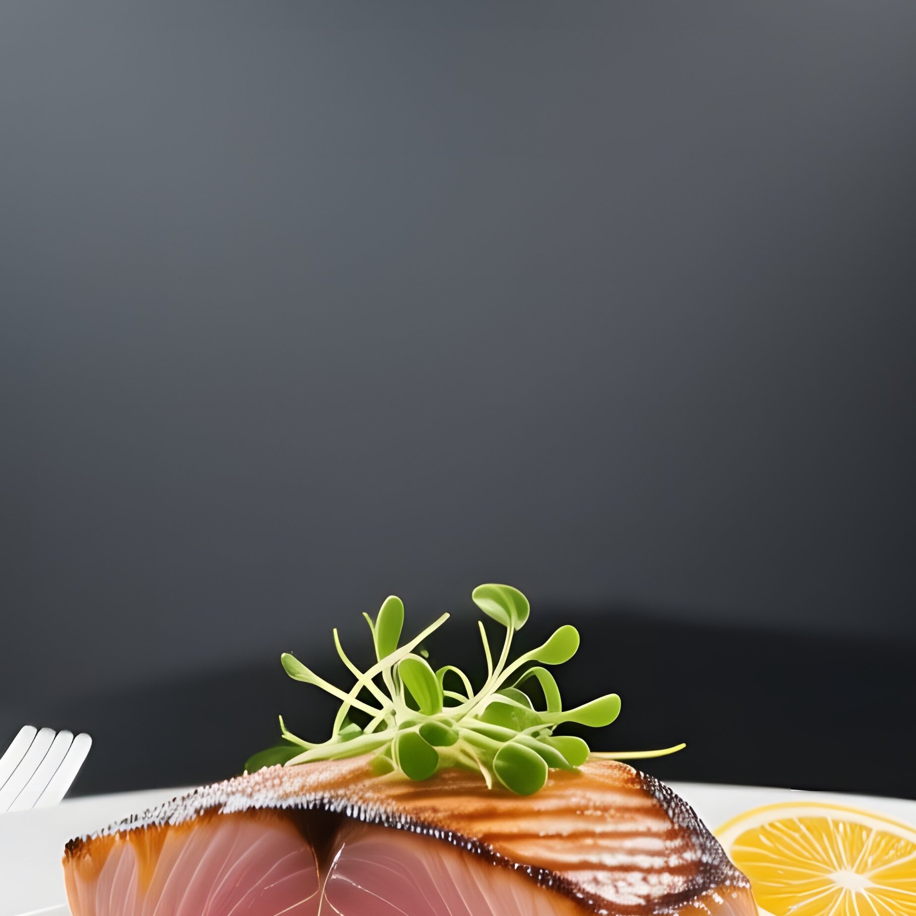 A Sleek Black Dining Table Under Dramatic Spotlights, Featuring A Plated Seared Tuna Steak With - Full Resolution Quality Preview