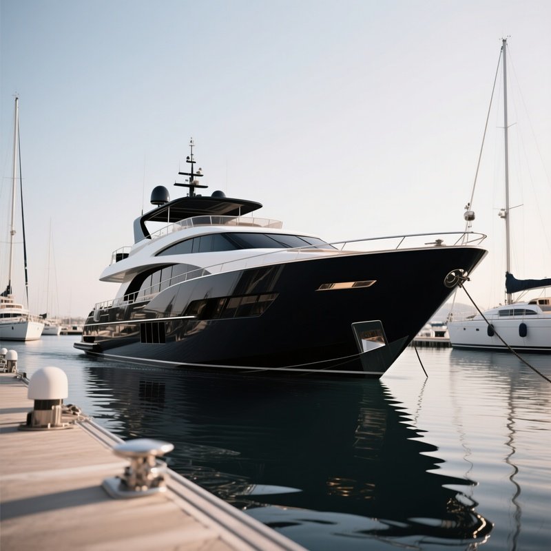 A Sleek Black Hulled Yacht Approaching A Luxury Marina