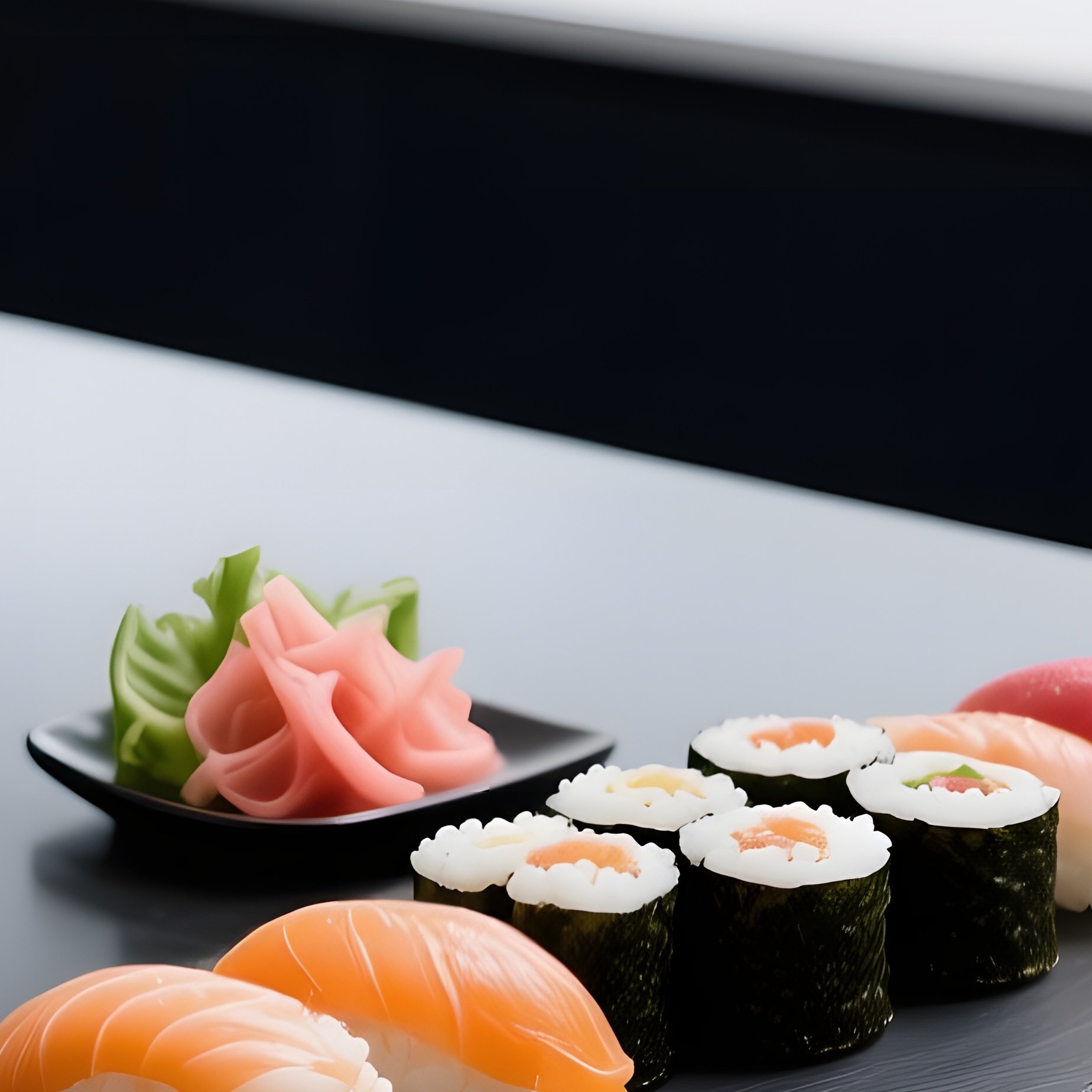 A Sleek Black Kitchen Island Under Cool White Leds, Displaying A High‑Contrast Arrangement Of Sushi - Full Resolution Quality Preview