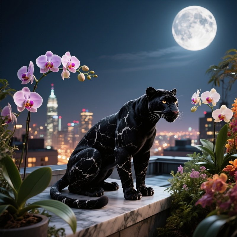 A Sleek Black Marble Panther Crouched On A Moonlit Rooftop Garden, Exotic Orchids Blooming Nearby,
