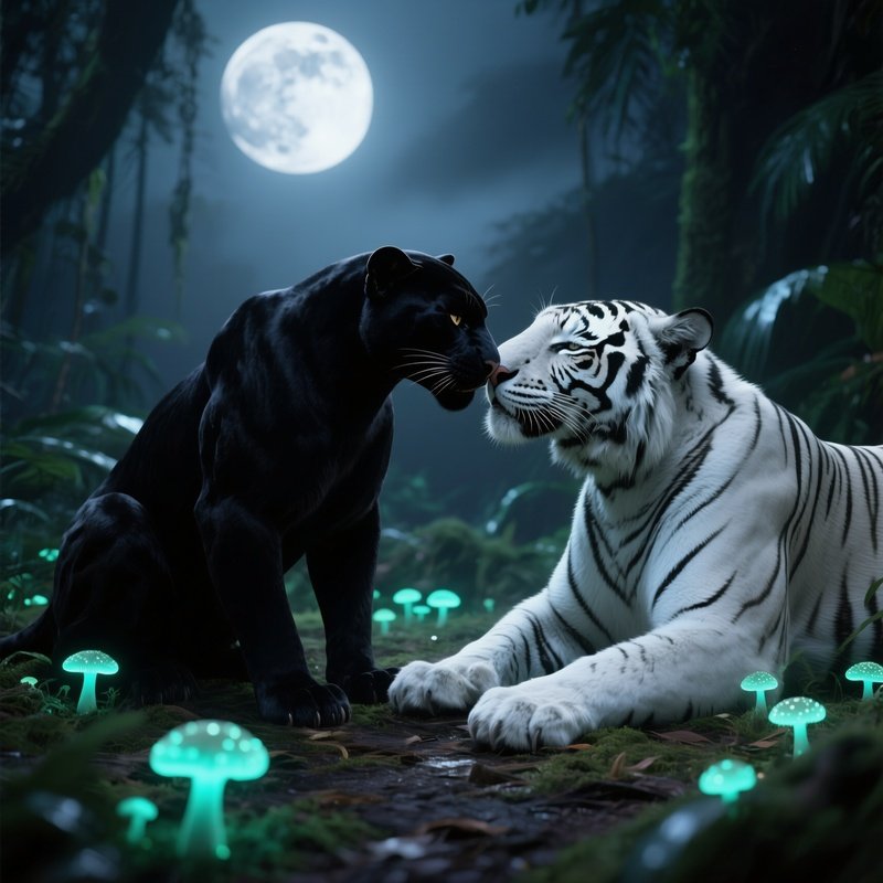 A Sleek Black Panther And A White Tiger Share An Intimate Kiss On A Moonlit Jungle Floor,
