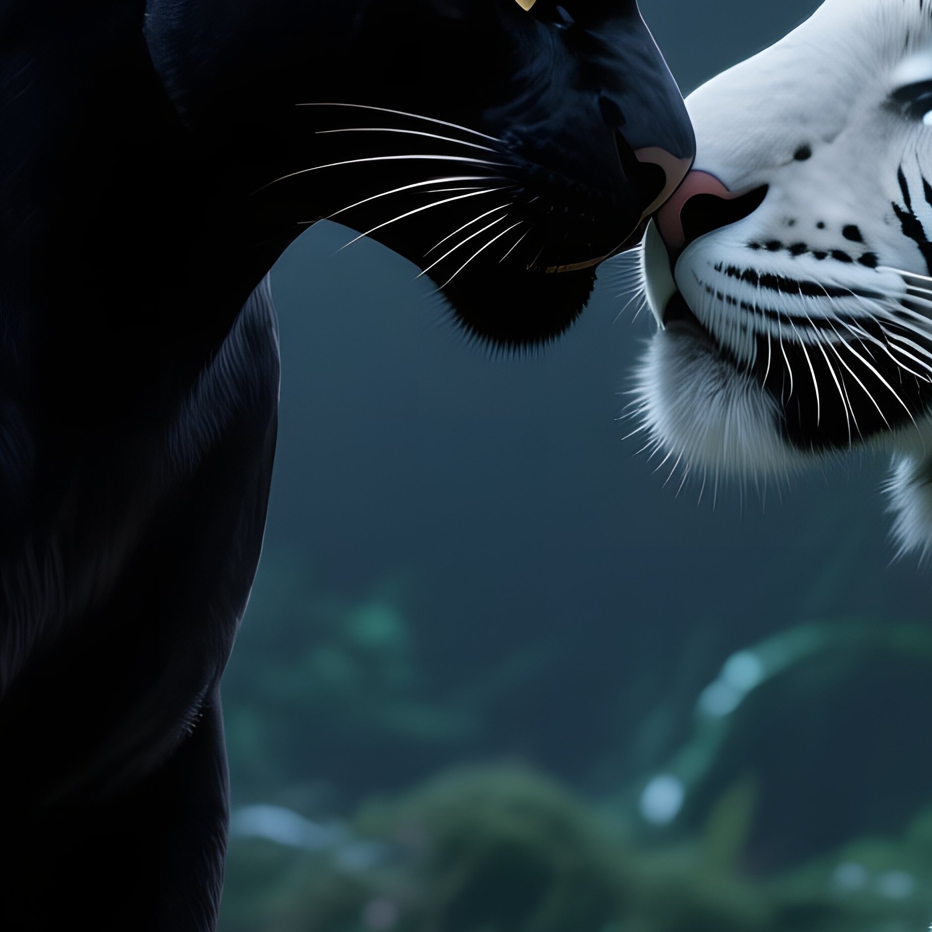 A Sleek Black Panther And A White Tiger Share An Intimate Kiss On A Moonlit Jungle Floor, - Full Resolution Quality Preview