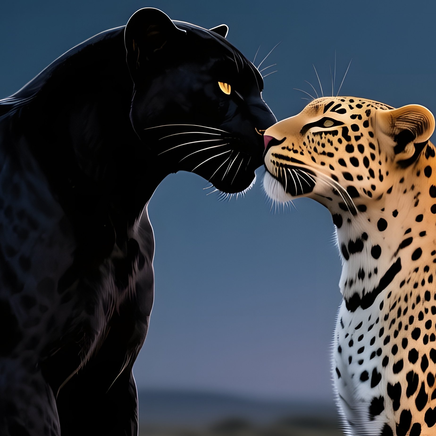 A Sleek Black Panther Meets A Spotted Leopard For A Daring Kiss On A Moonlit Savanna Rock, Distant - Full Resolution Quality Preview
