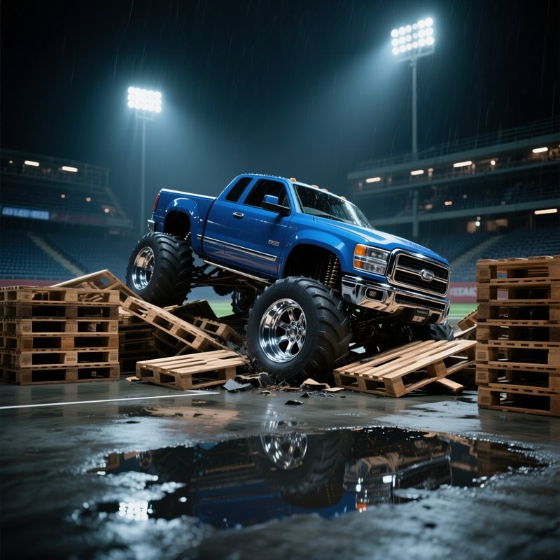 A Sleek Blue Monster Truck With Chrome Rims Crushes Rows Of Stacked Wooden Pallets On A Nighttime