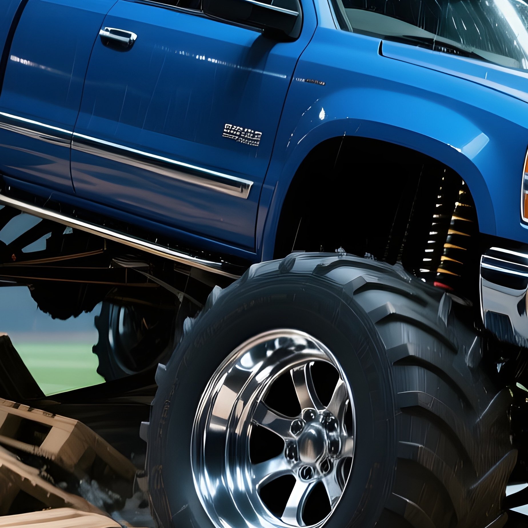 A Sleek Blue Monster Truck With Chrome Rims Crushes Rows Of Stacked Wooden Pallets On A Nighttime - Full Resolution Quality Preview
