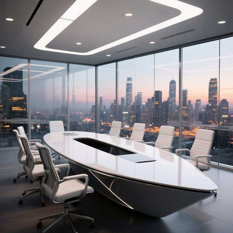 A Sleek Boat Shaped Conference Table Surrounded By Modern Ergonomic Chairs In A Glass Walled Meeting Room With City Views