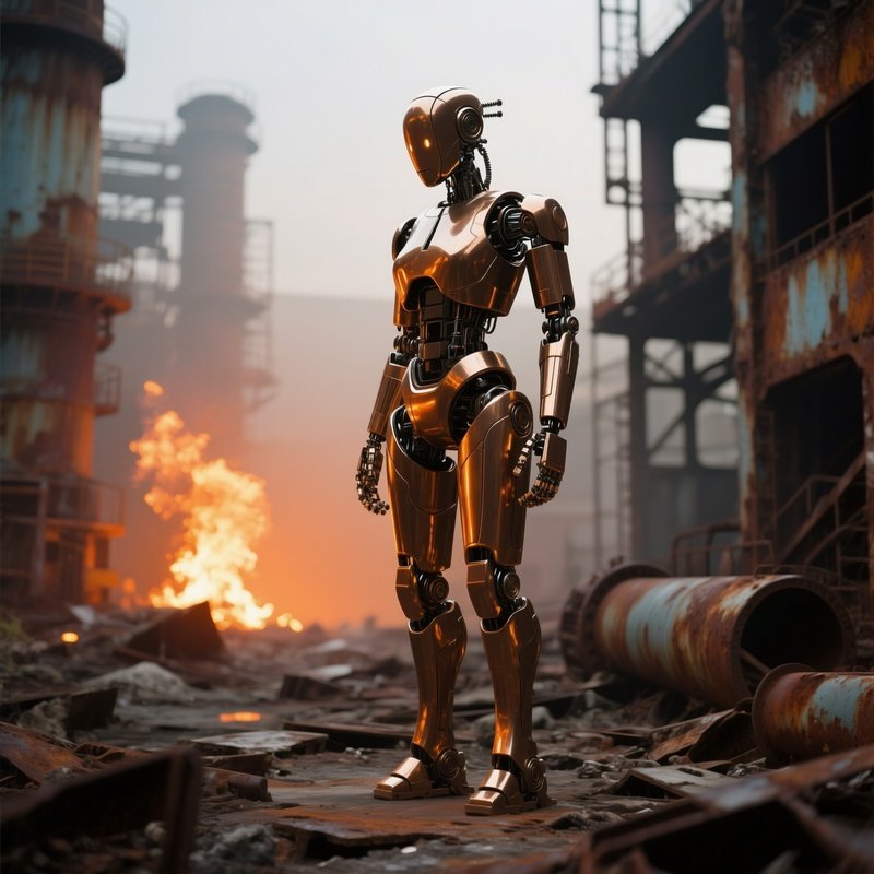 A Sleek Bronze Futuristic Robot Standing Amidst Rusted Industrial Ruins, Soft Orange Glow From