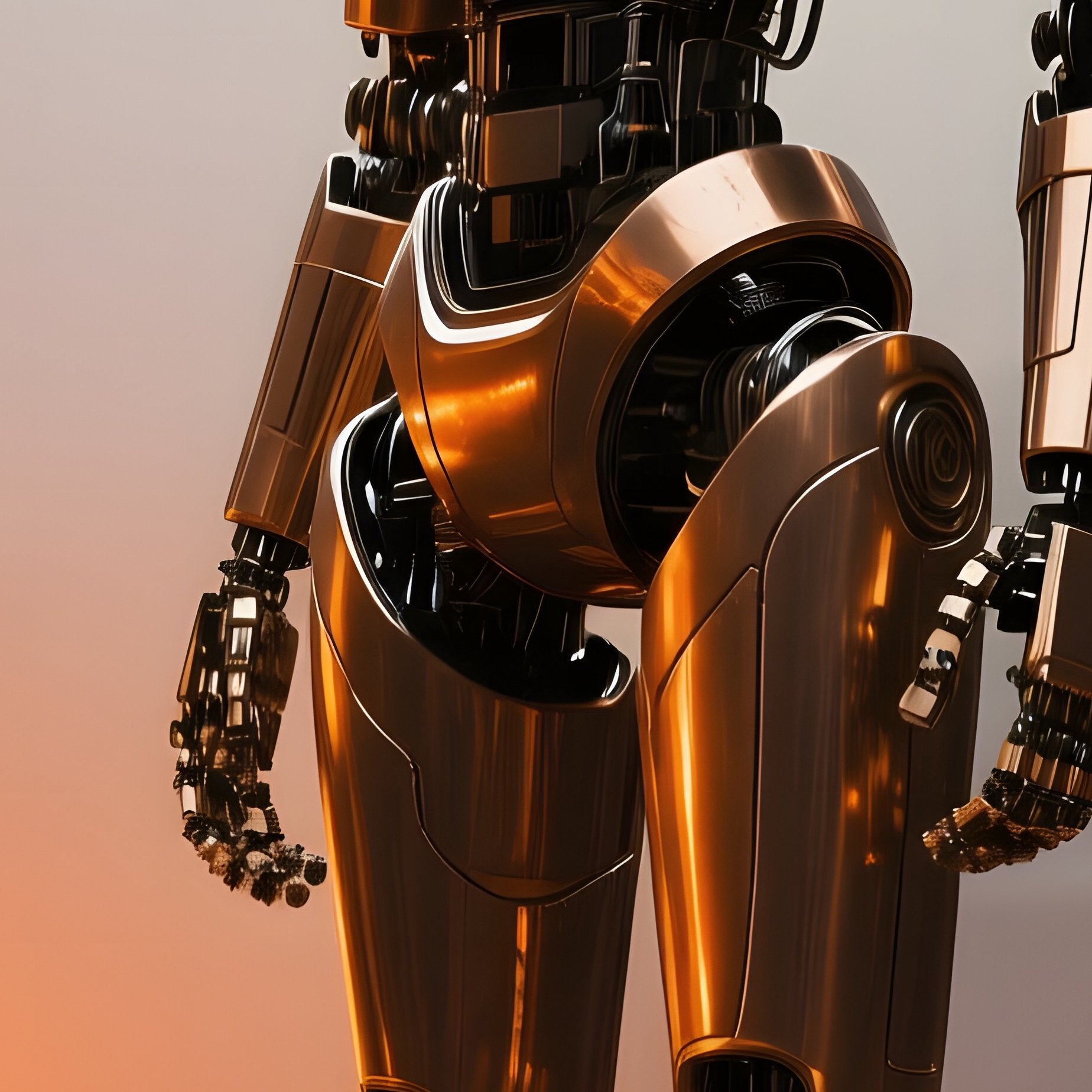 A Sleek Bronze Futuristic Robot Standing Amidst Rusted Industrial Ruins, Soft Orange Glow From - Full Resolution Quality Preview