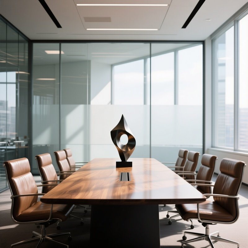 A Sleek Corporate Boardroom Bathed In Natural Daylight From Large Glass Panels, Minimalist Leather