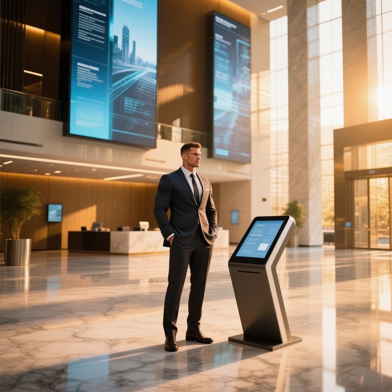 A Sleek Corporate Lobby With Marble Floors And Towering Digital Screens, A Six‑Pack Man In A