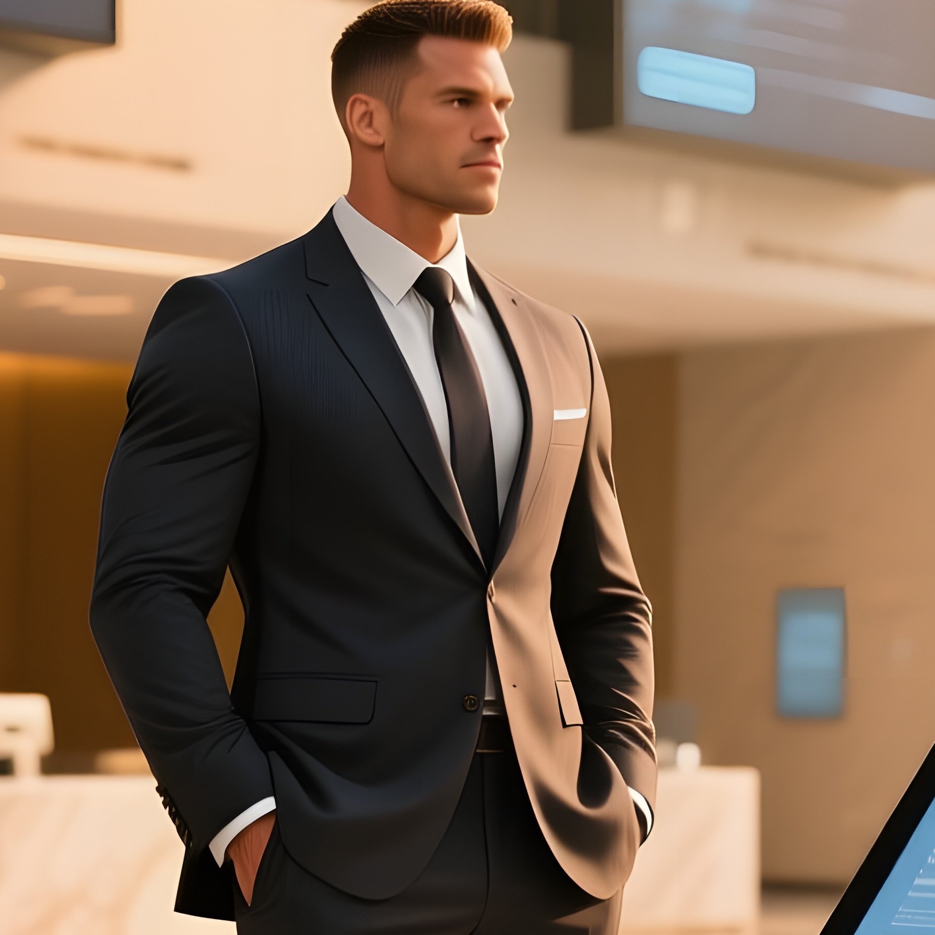 A Sleek Corporate Lobby With Marble Floors And Towering Digital Screens, A Six‑Pack Man In A - Full Resolution Quality Preview
