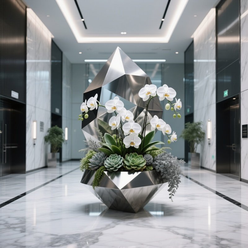 A Sleek Corporate Lobby With Polished Marble Floors, A Large Geometric Metal Sculpture Centerpiece