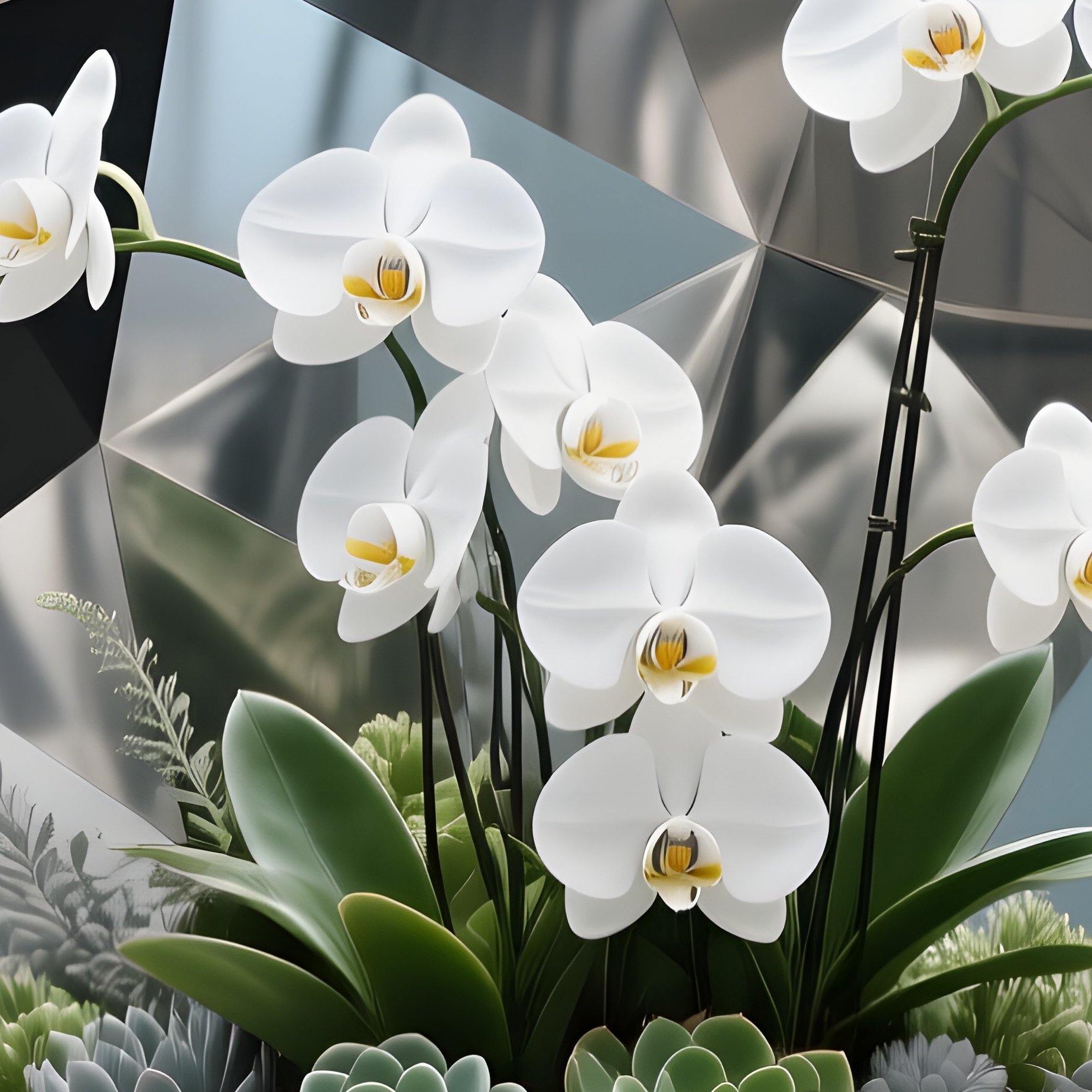 A Sleek Corporate Lobby With Polished Marble Floors, A Large Geometric Metal Sculpture Centerpiece - Full Resolution Quality Preview