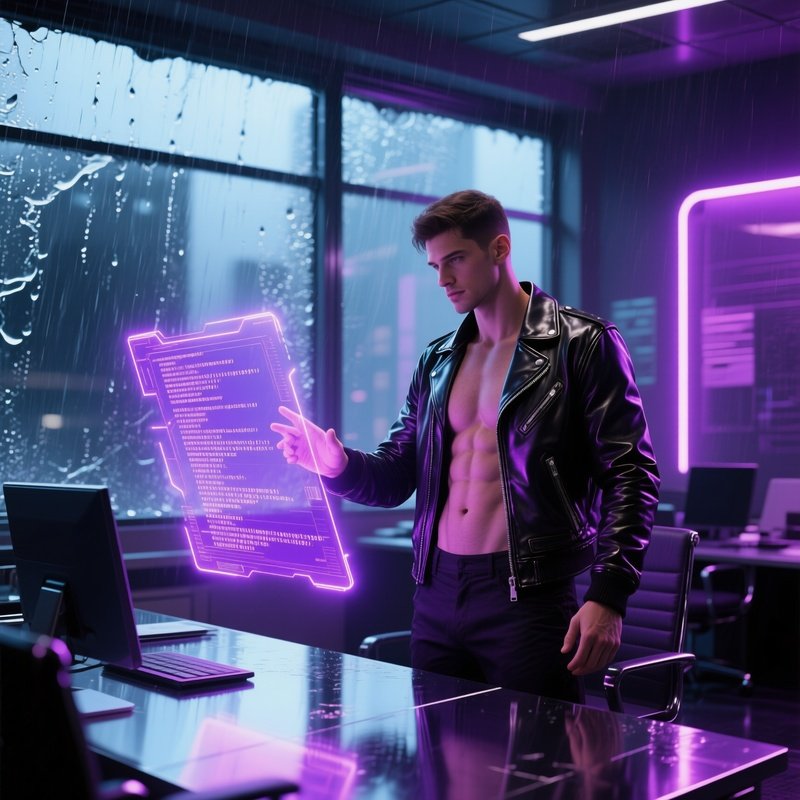 A Sleek Cyberpunk Office With Rain‑Splattered Windows, A Fit Tech Specialist In A Leather Jacket