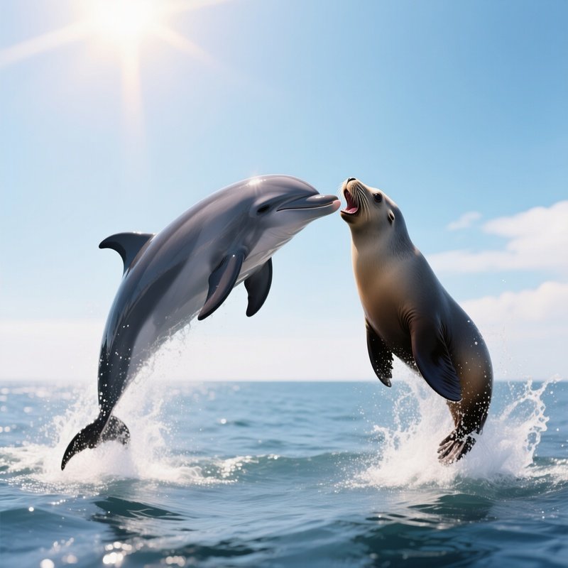 A Sleek Dolphin And A Playful Sea Lion Exchange A Joyous Kiss While Leaping Through Spray Under A