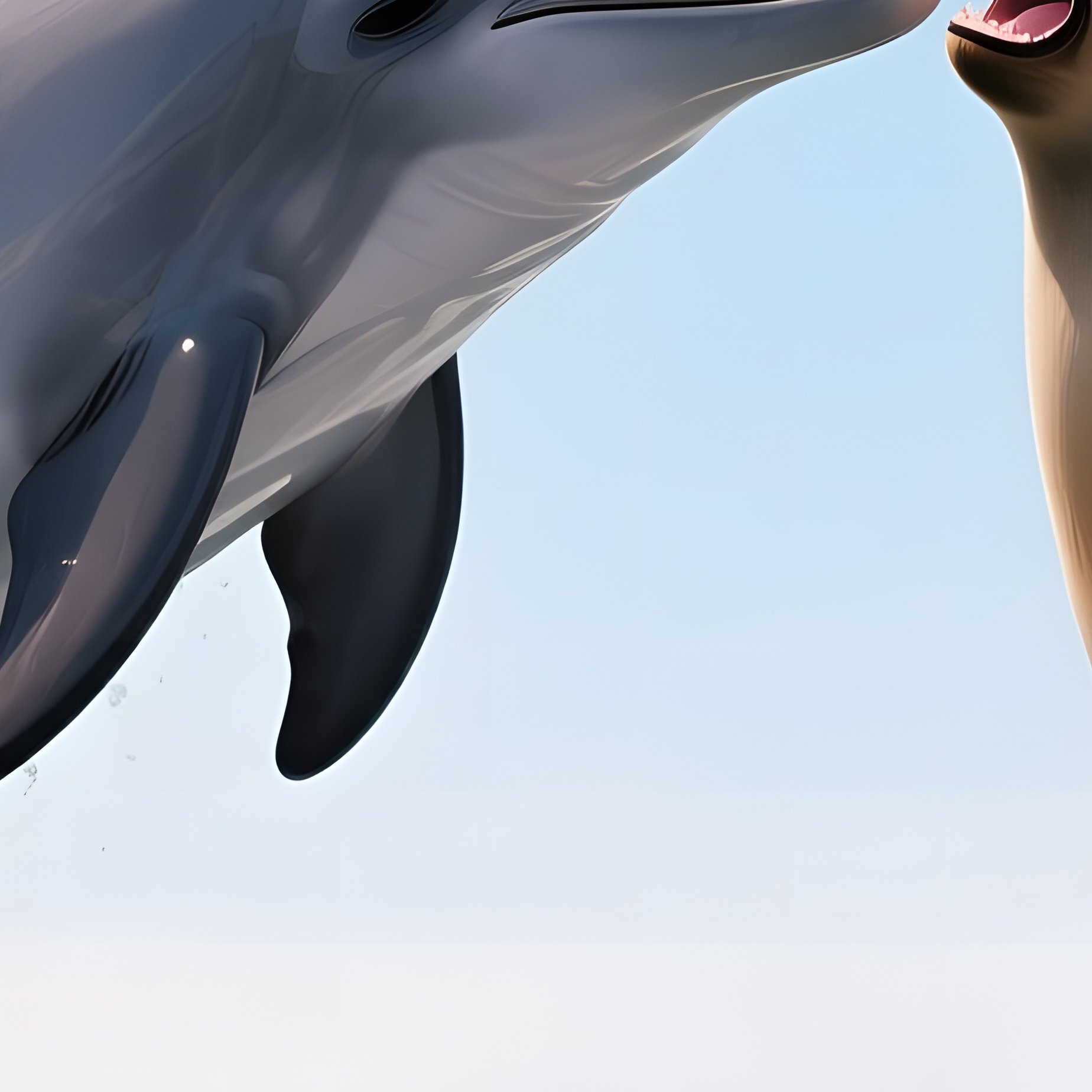 A Sleek Dolphin And A Playful Sea Lion Exchange A Joyous Kiss While Leaping Through Spray Under A - Full Resolution Quality Preview