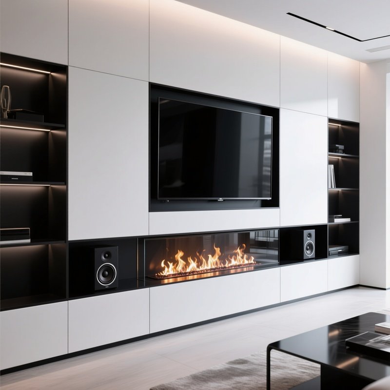A Sleek Electric Fireplace Built Into A Media Wall Unit