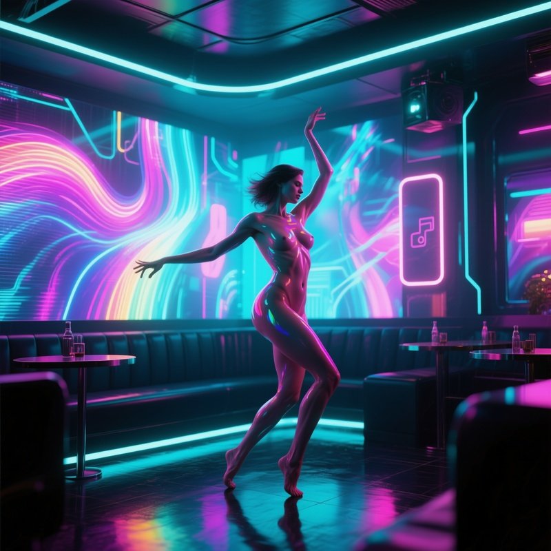 A Sleek Futuristic Nightclub With Holographic Walls, A Naked Dancer Moving Fluidly, Pulsing Neon