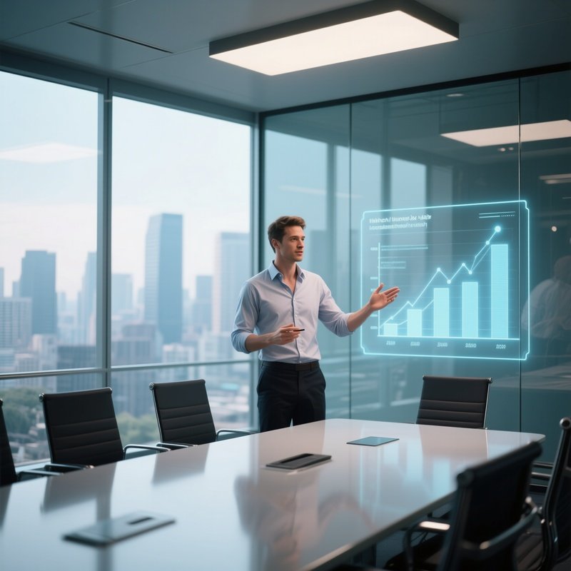A Sleek Glass Conference Room With Panoramic City View, A Six‑Pack Presenter In A Crisp Button‑Down