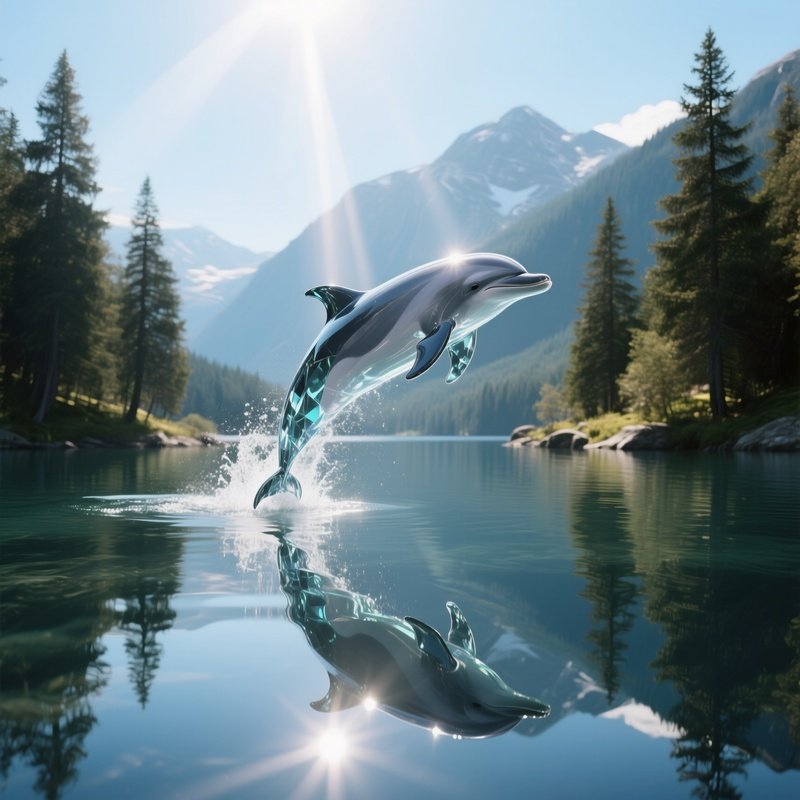 A Sleek Glass Dolphin Leaping Out Of A Crystal Clear Mountain Lake At Midday, Sun Rays Refracting