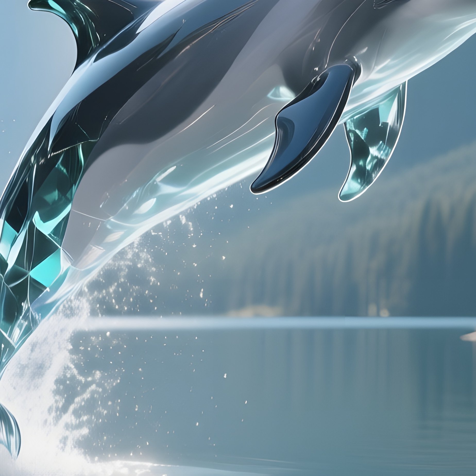 A Sleek Glass Dolphin Leaping Out Of A Crystal Clear Mountain Lake At Midday, Sun Rays Refracting - Full Resolution Quality Preview