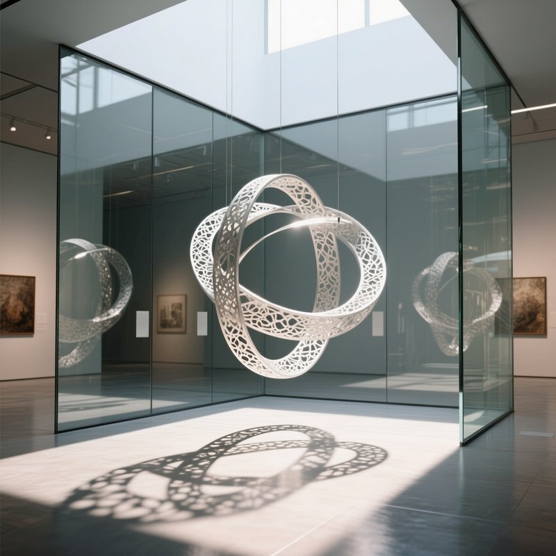 A Sleek Glass Gallery With A Suspended Kinetic Sculpture Of Interlocking Rings Rotating Slowly,