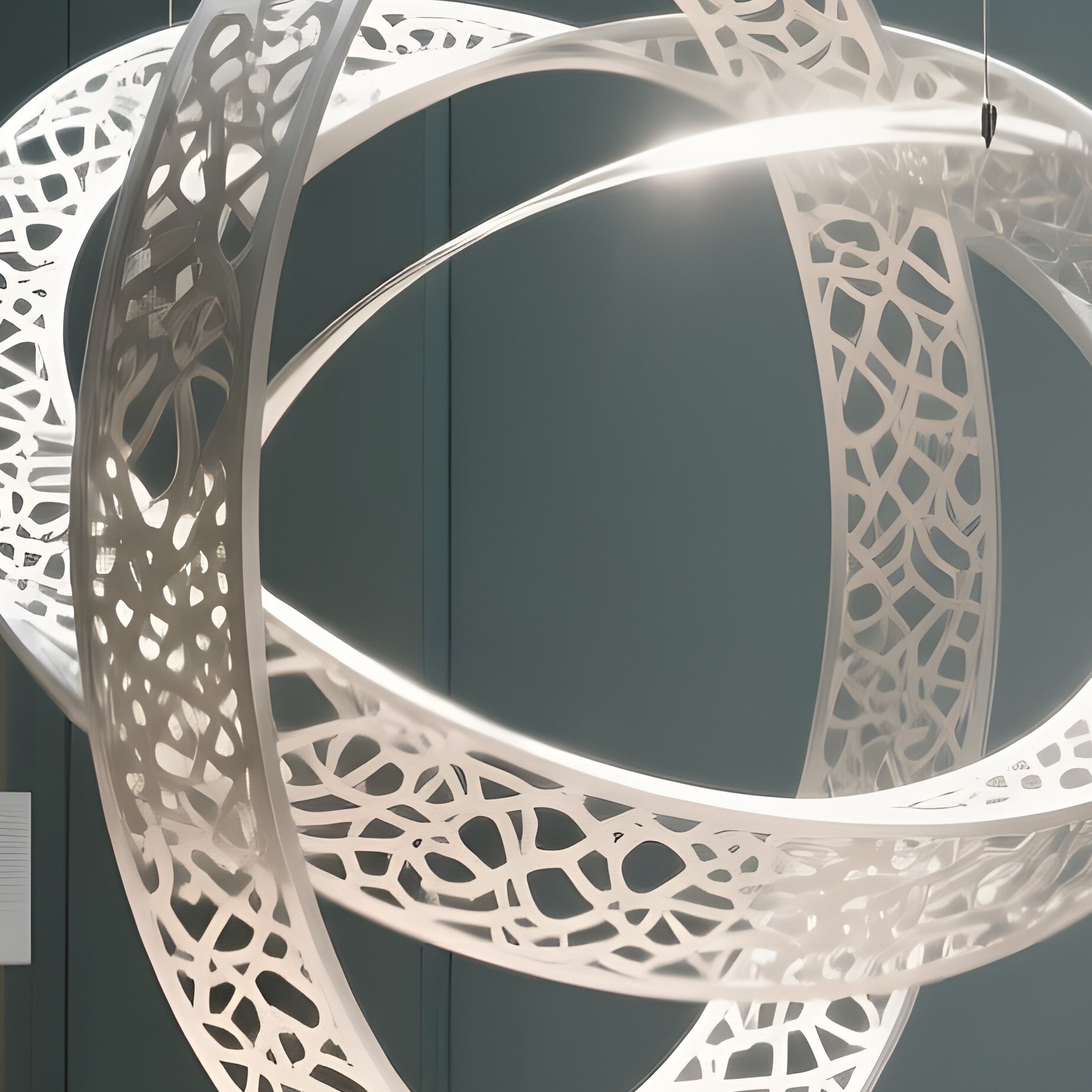 A Sleek Glass Gallery With A Suspended Kinetic Sculpture Of Interlocking Rings Rotating Slowly, - Full Resolution Quality Preview