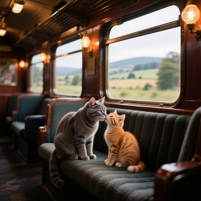 A Sleek Gray Cat Kisses A Ginger Kitten On A Vintage Train Carriage Seat, The Interior Lit By Soft