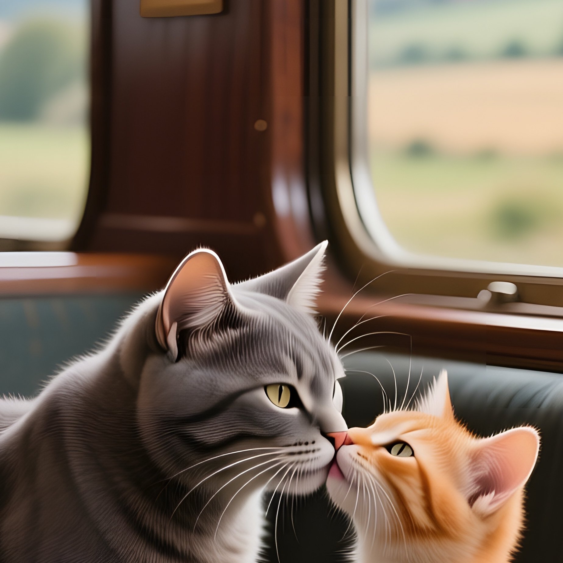 A Sleek Gray Cat Kisses A Ginger Kitten On A Vintage Train Carriage Seat, The Interior Lit By Soft - Full Resolution Quality Preview
