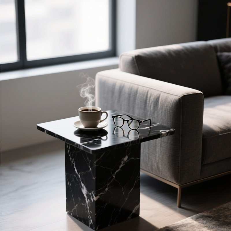 A Sleek, Heavy Black Marble Side Table Positioned Next To A Contemporary Fabric Sofa, Holding A Steaming Ceramic Cup Of Coffee And A Pair Of Reading Glasses Reflecting The Window Light.