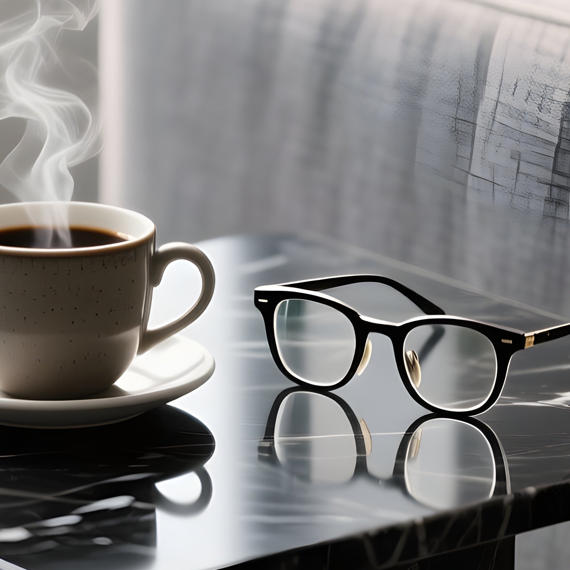 A Sleek, Heavy Black Marble Side Table Positioned Next To A Contemporary Fabric Sofa, Holding A Steaming Ceramic Cup Of Coffee And A Pair Of Reading Glasses Reflecting The Window Light. - Full Resolution Quality Preview