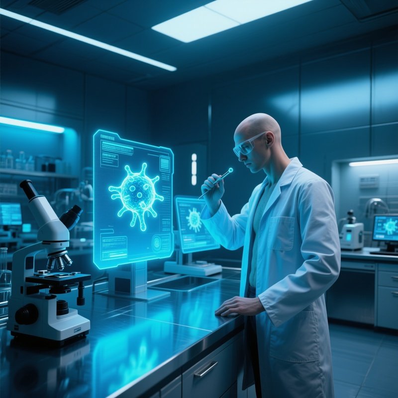 A Sleek High‑Tech Laboratory With Holographic Displays, A Naked Scientist Examining A Glowing