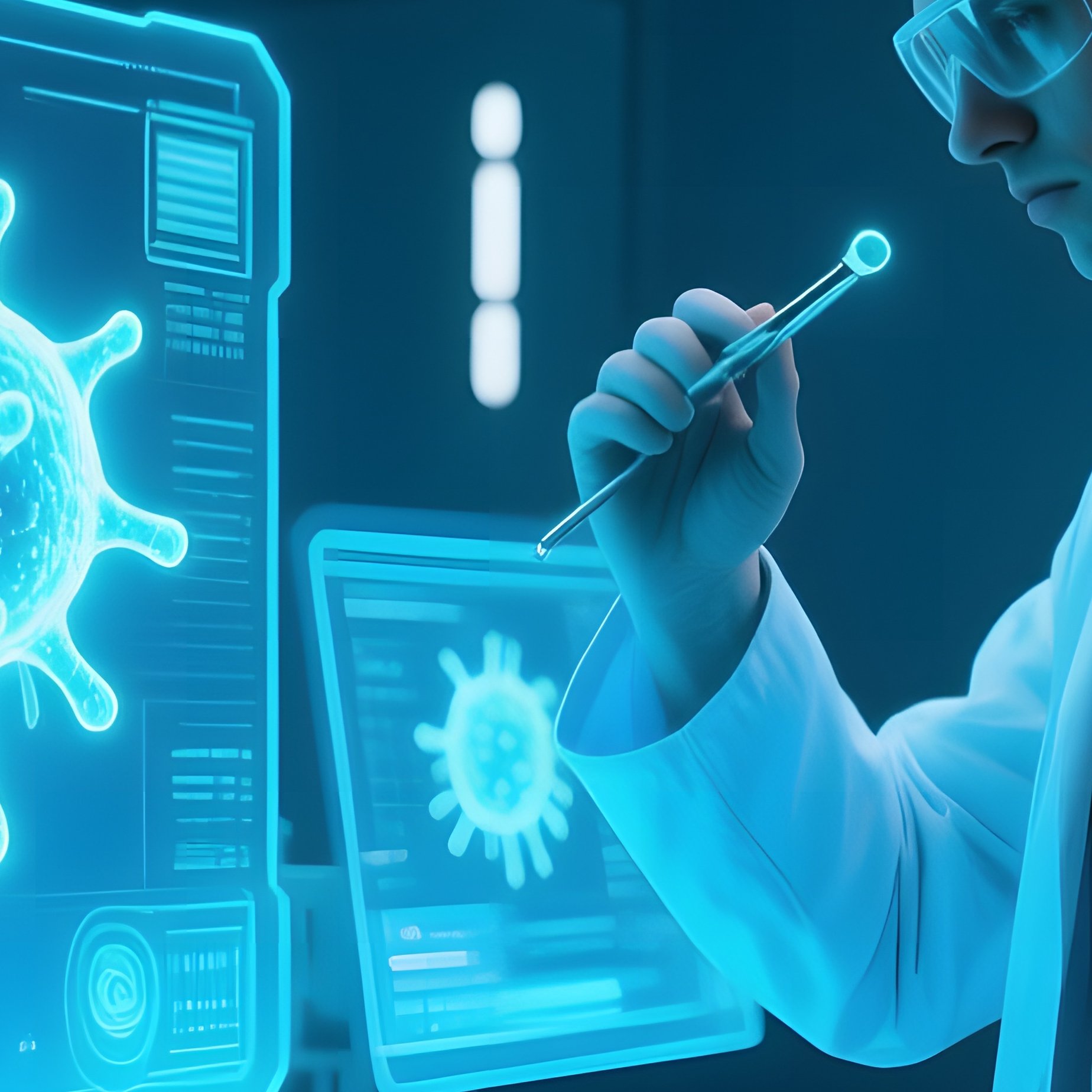 A Sleek High‑Tech Laboratory With Holographic Displays, A Naked Scientist Examining A Glowing - Full Resolution Quality Preview