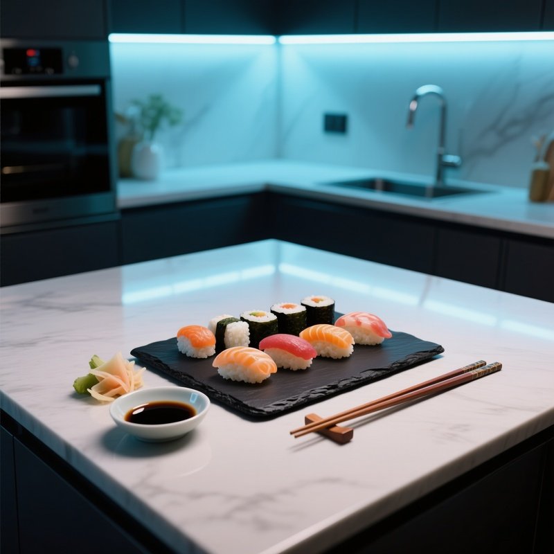 A Sleek Kitchen Island Under Cool Led Lighting, Displaying A Geometric Arrangement Of Sushi Pieces